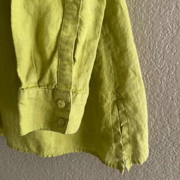 Eileen Fisher Organic Irish Linen Bright Yellow Green Button Down Shirt, XS - Picture 5 of 12